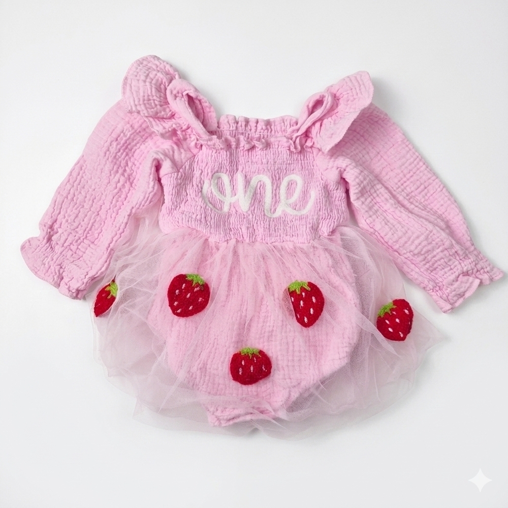 Berry First Birthday Strawberry Romper Smocked Pink Tutu "One" 12M